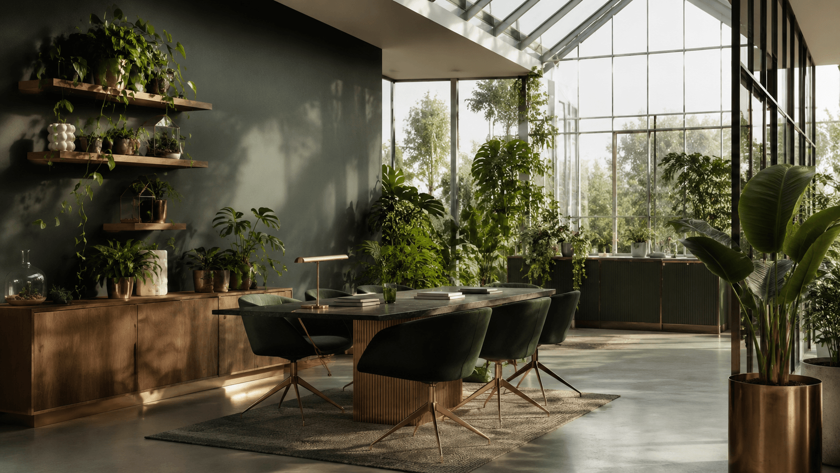 Sunlit interior with mature planting, glass architecture, and a permanent botanical scheme