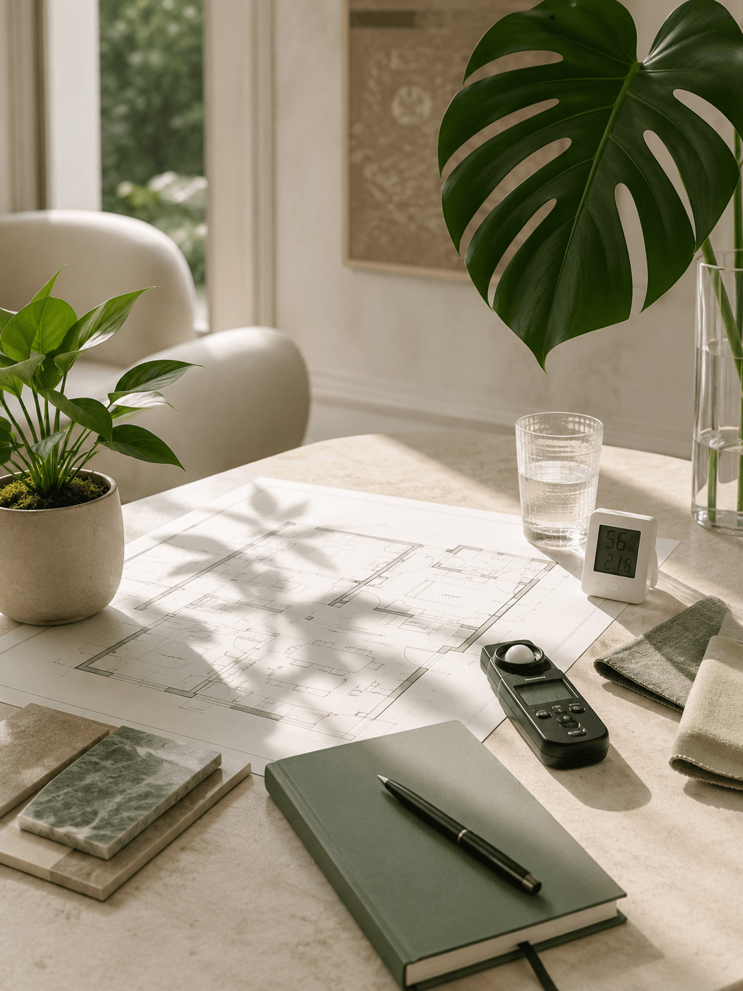 Botanical interior study with layered plants and glass architecture.